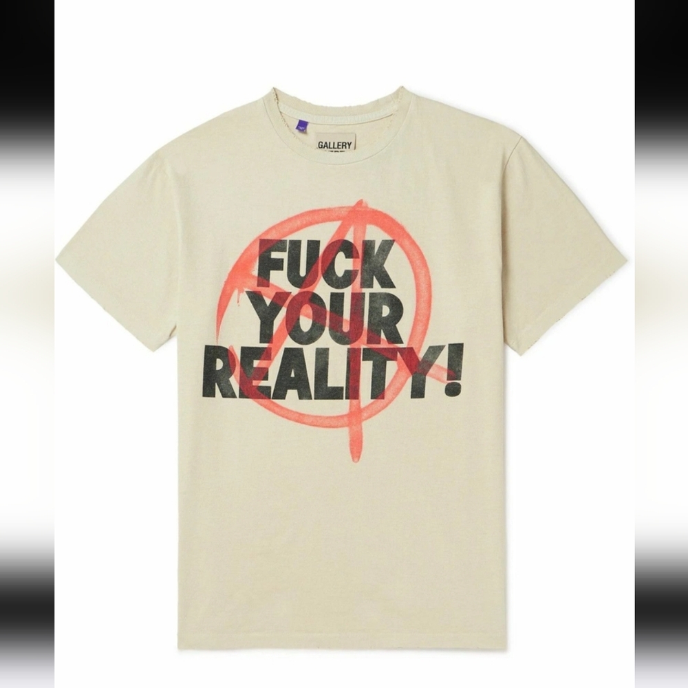 Gallery Dept. Beige Graphic T-Shirt Distressed Printed Cotton- F**K YOUR REALITY